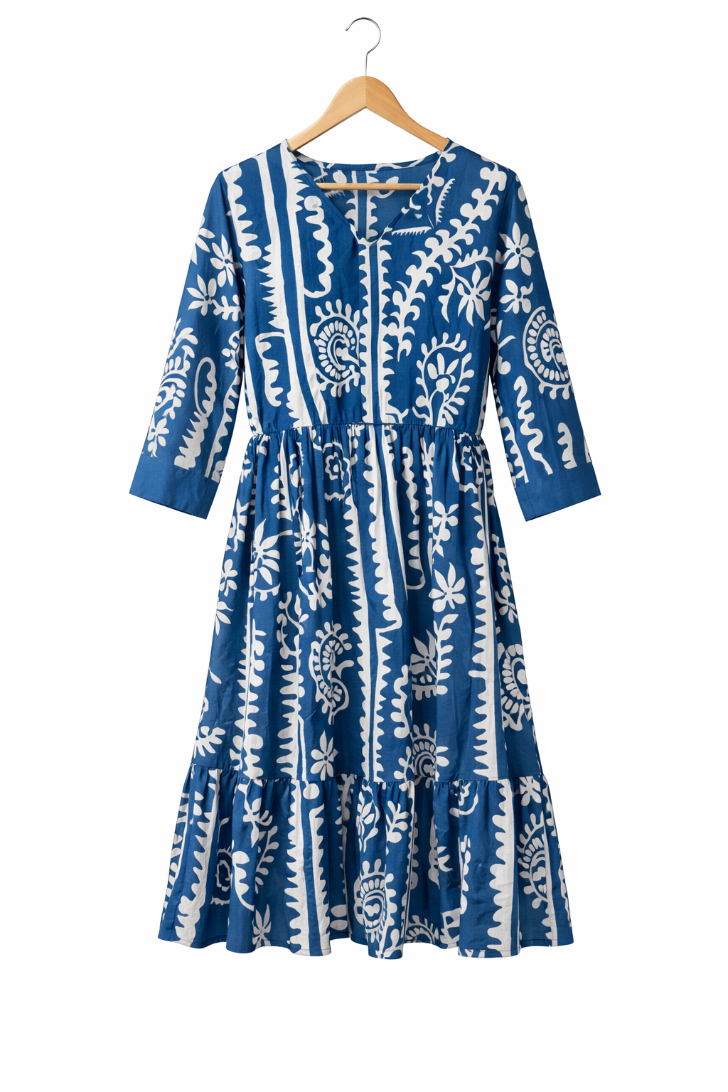 Blue-White Printed Dress with belt